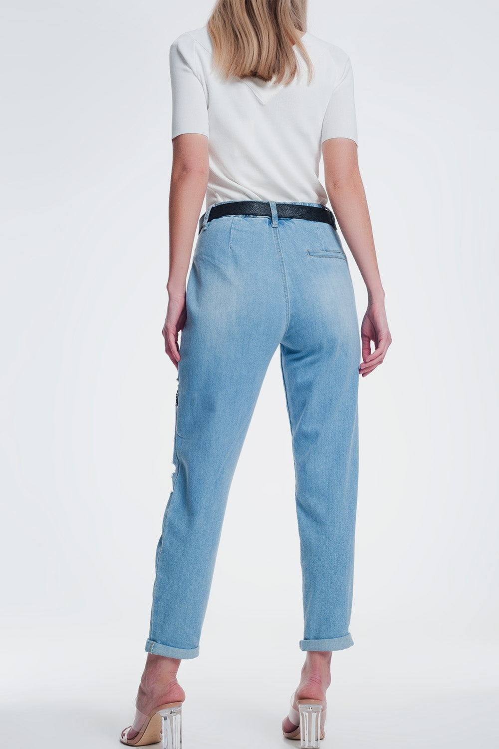 vintage ripped straight jeans with studs and chains