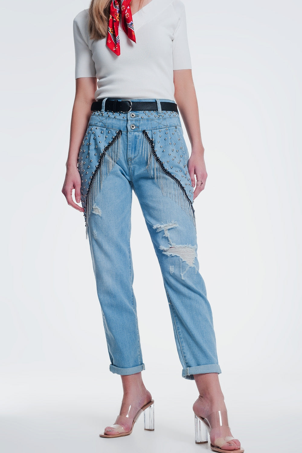 vintage ripped straight jeans with studs and chains