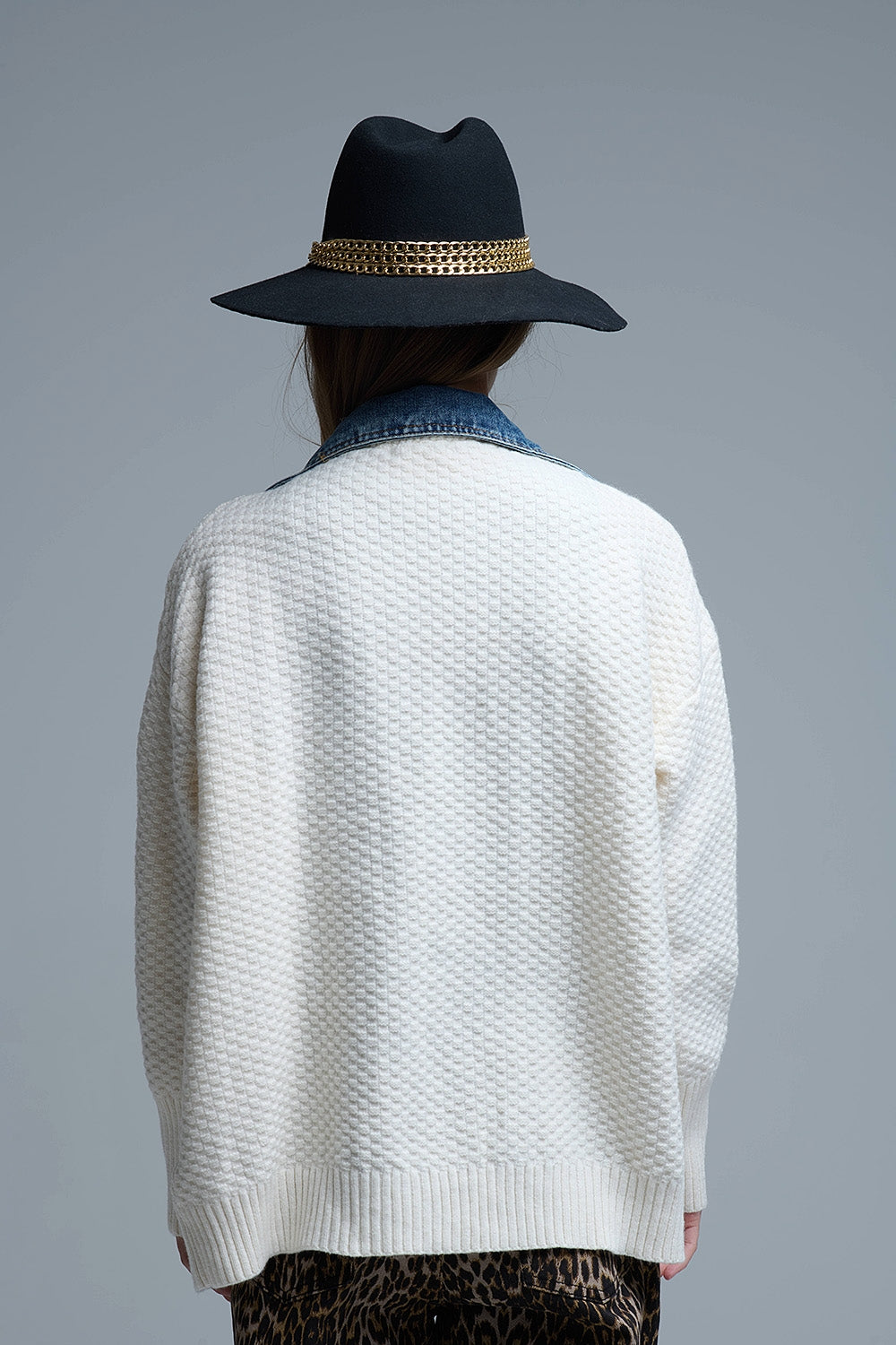 Waffle Knit Cardigan in White with Blue Chunky Denim inside