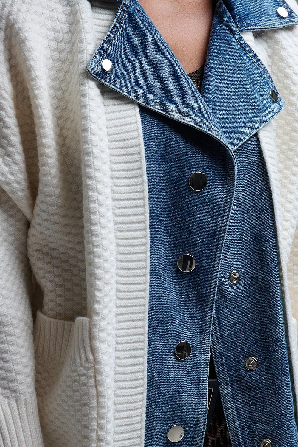 Waffle Knit Cardigan in White with Blue Chunky Denim inside