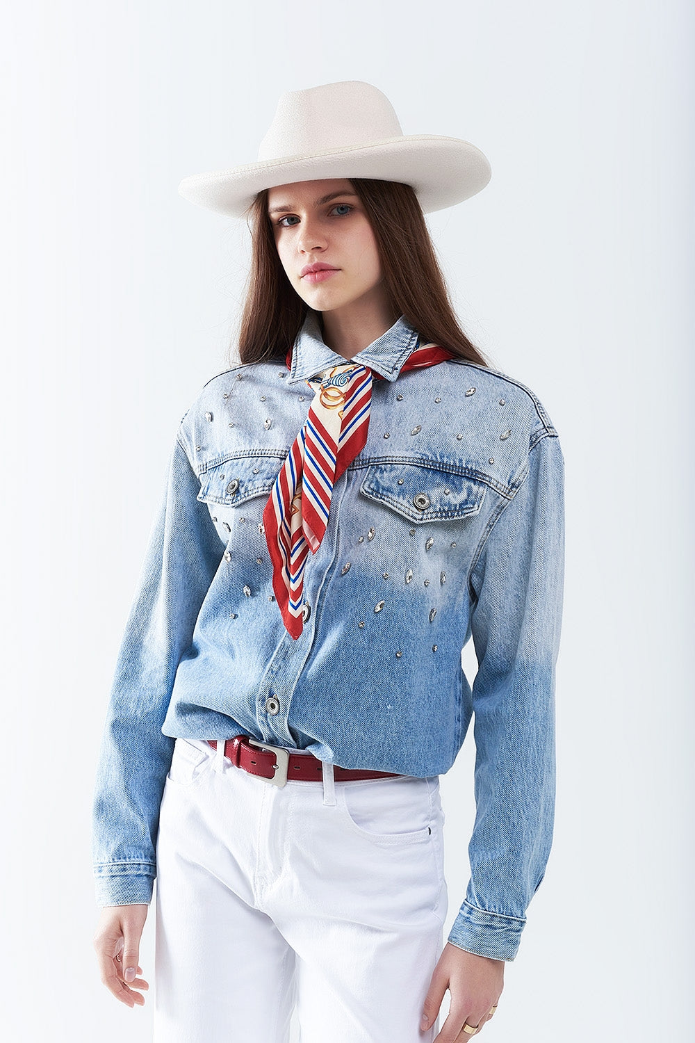 wash Denim overshirt With Chest Pockets And Embroidered strass Details