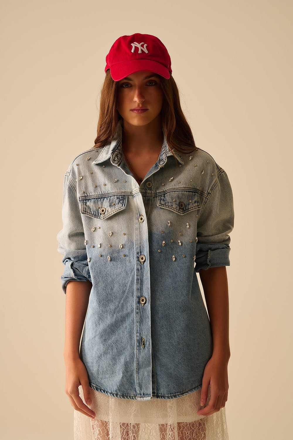 wash Denim overshirt With Chest Pockets And Embroidered strass Details