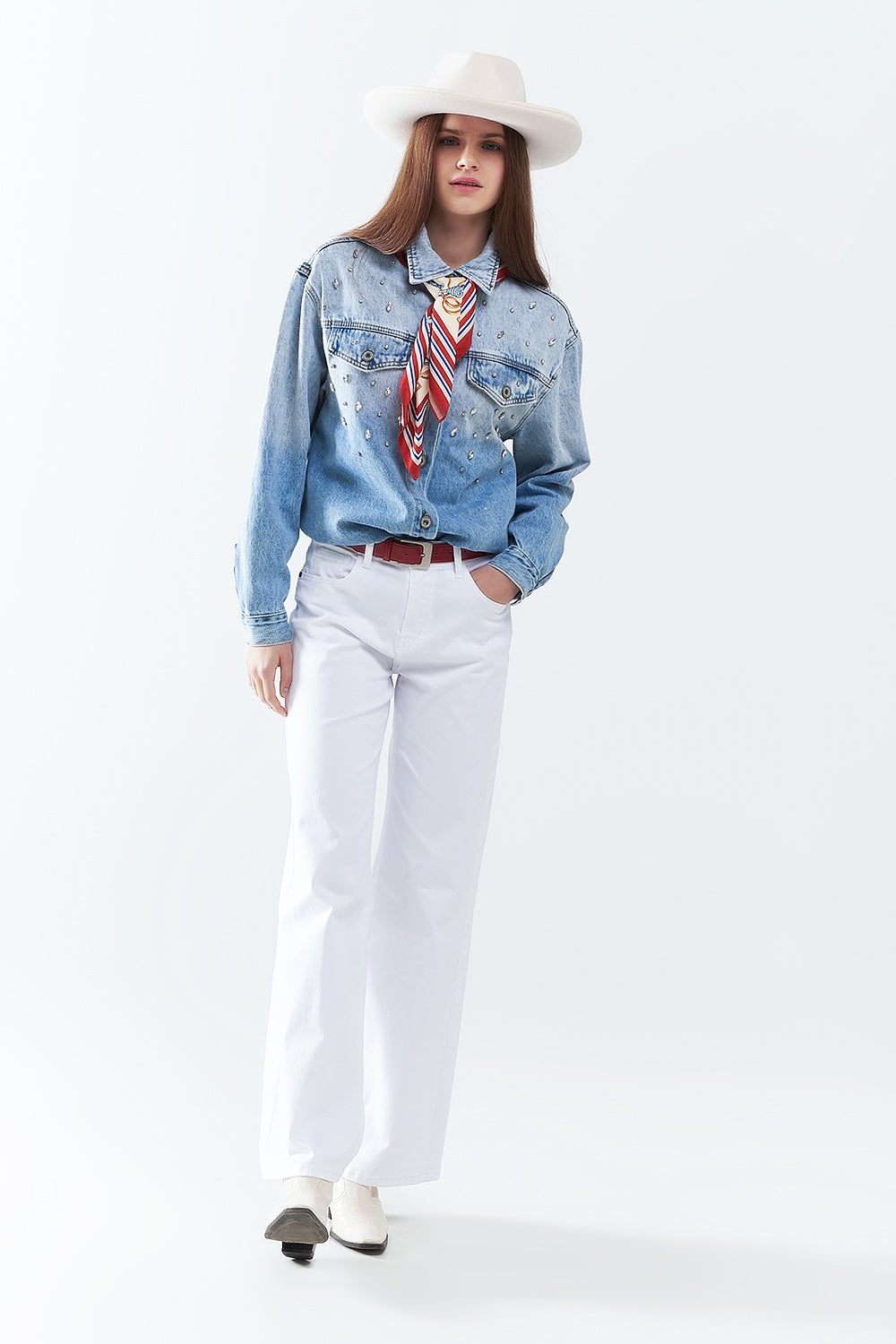 wash Denim overshirt With Chest Pockets And Embroidered strass Details
