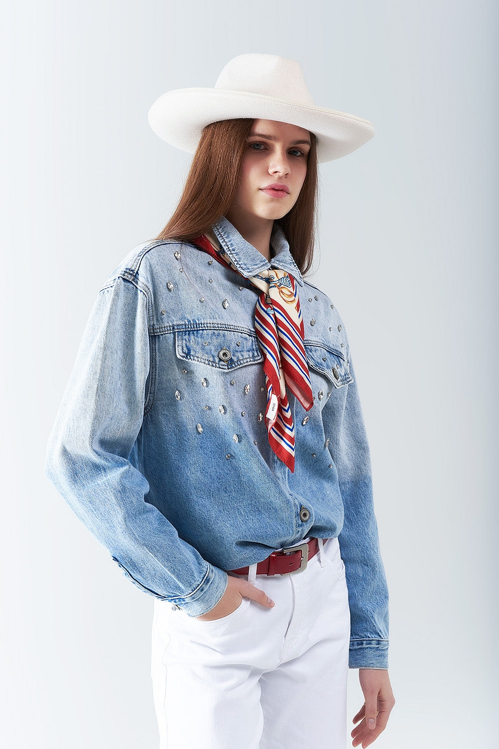 wash Denim overshirt With Chest Pockets And Embroidered strass Details