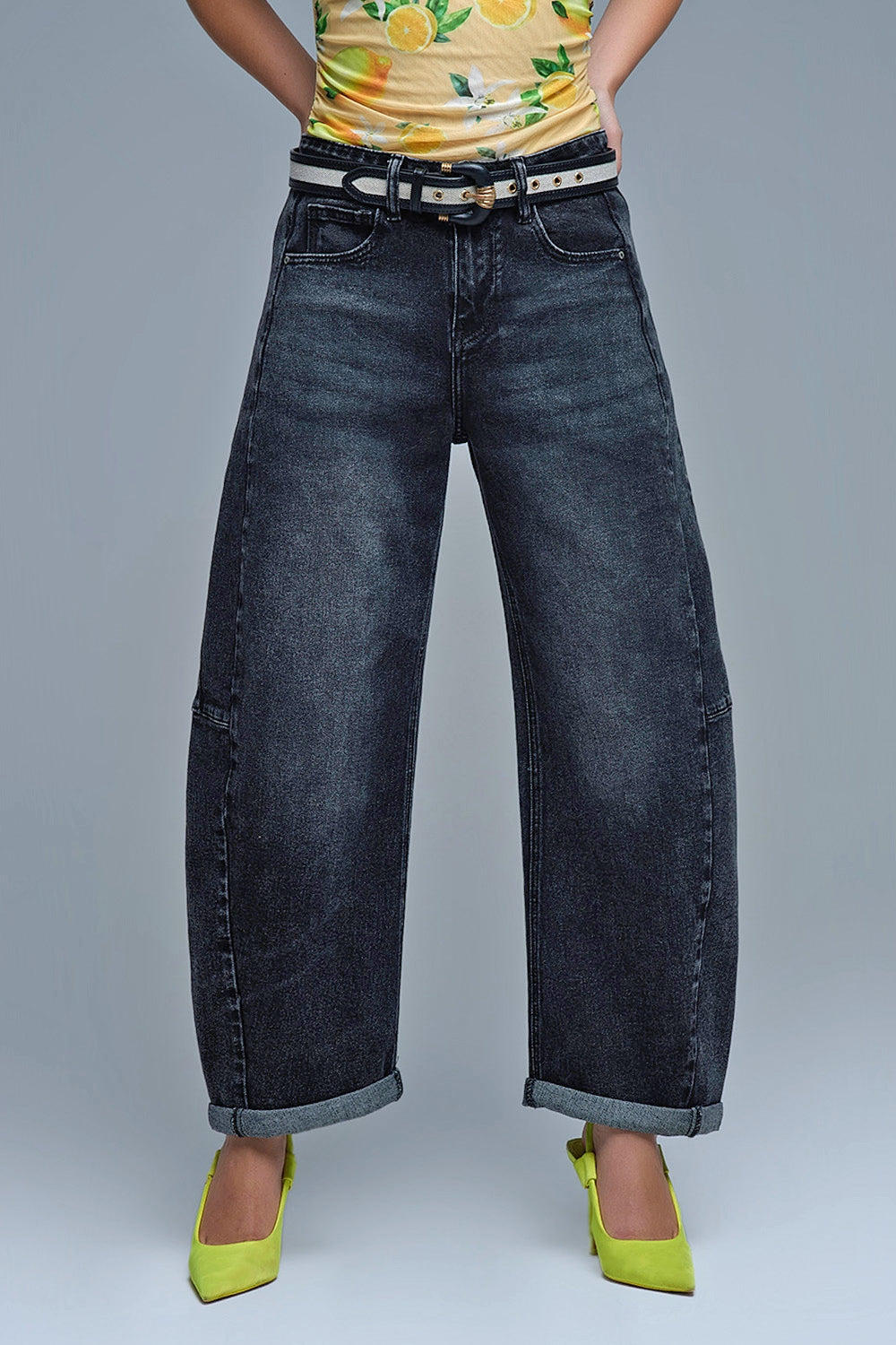 Washed Black Barrel Jeans With Seam Detail