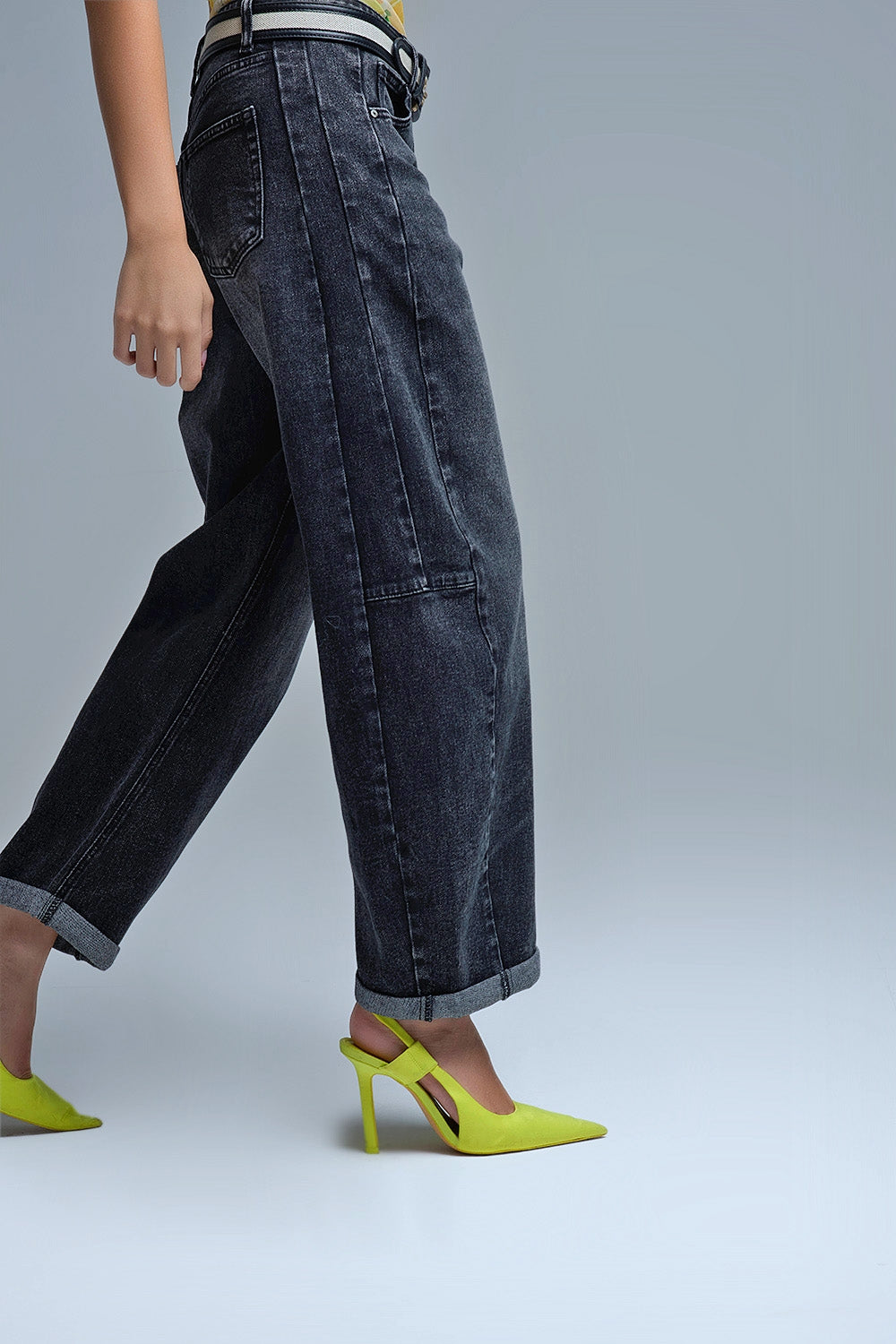 Washed Black Barrel Jeans With Seam Detail