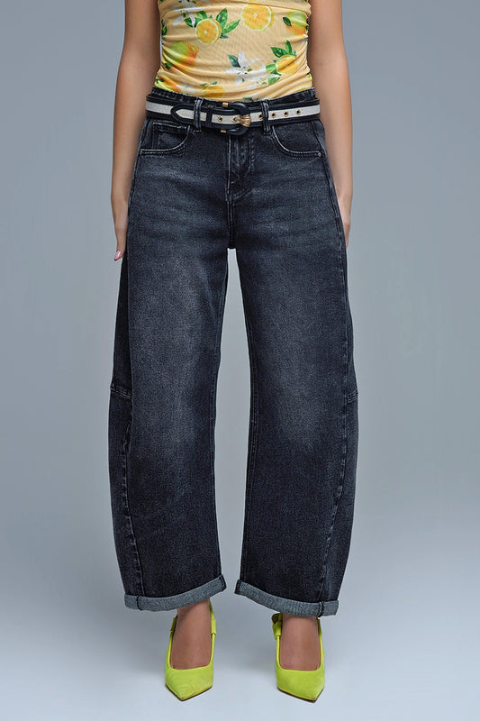 Q2 Washed Black Barrel Jeans With Seam Detail