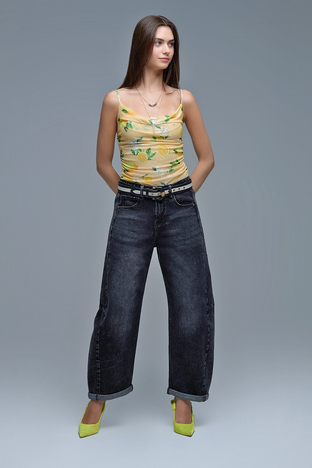 Washed Black Barrel Jeans With Seam Detail