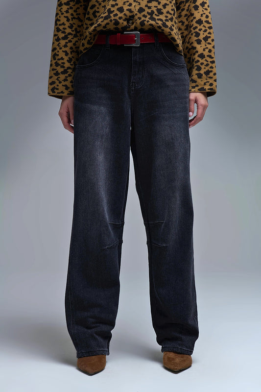 Q2 Washed Black Denim Barrel Jeans