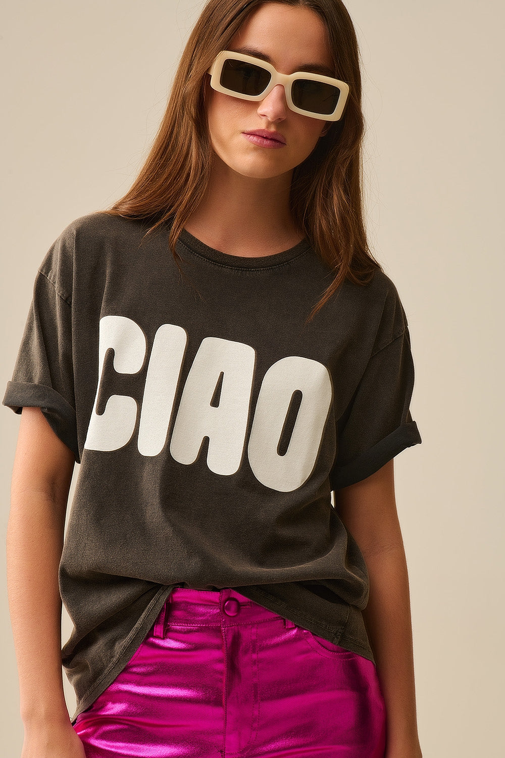 Q2 Washed Black Relaxed CIAO T-Shirt With White Letters