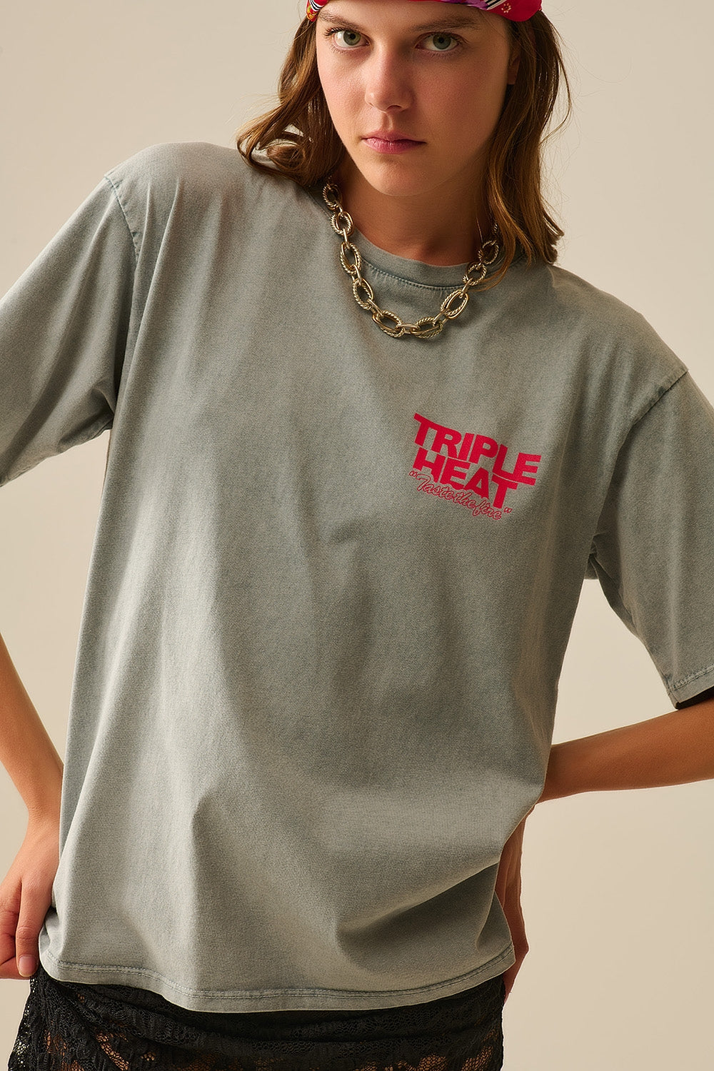 Q2 Washed grey relaxed fit Short Sleeve TRIPLE HEAT LOGO T-shirt