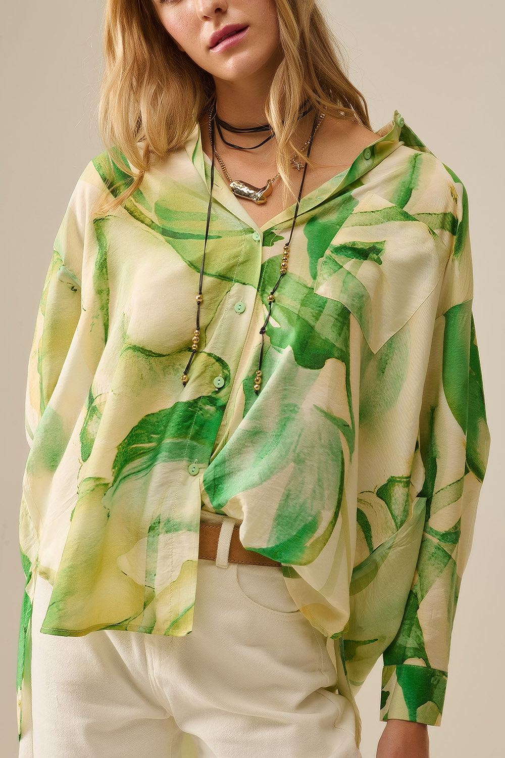Watercolor Print Button-Down Blouse in Green