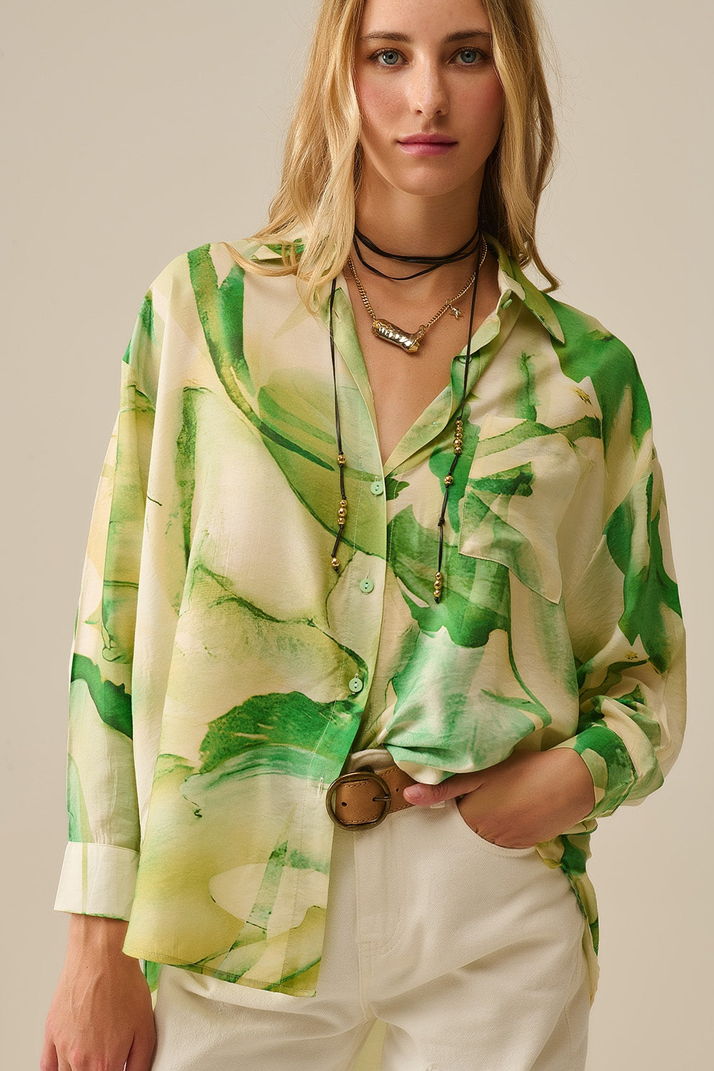 Watercolor Print Button-Down Blouse in Green