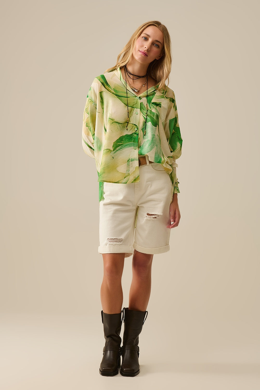 Watercolor Print Button-Down Blouse in Green