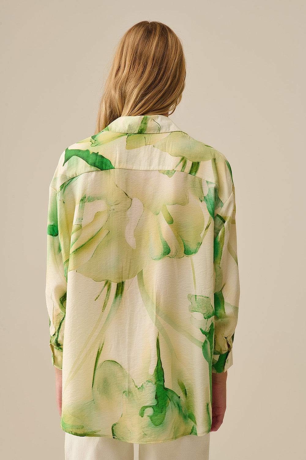 Watercolor Print Button-Down Blouse in Green