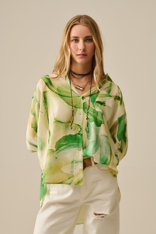 Q2 Watercolor Print Button-Down Blouse in Green