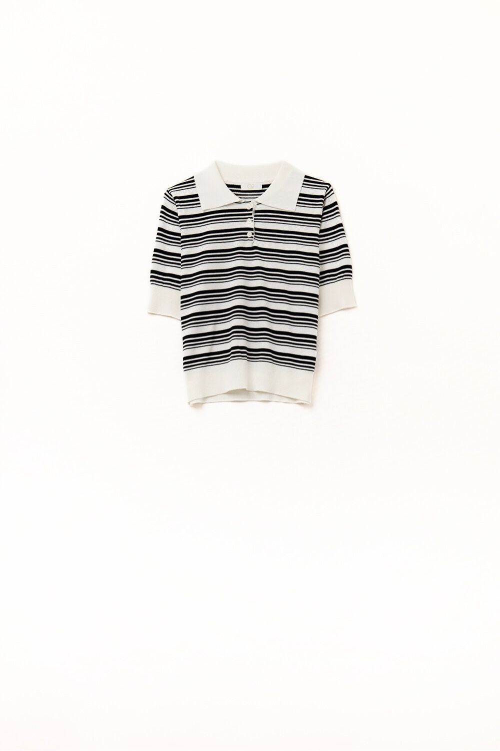 Q2 White and Black Striped Sweater With Polo Neck