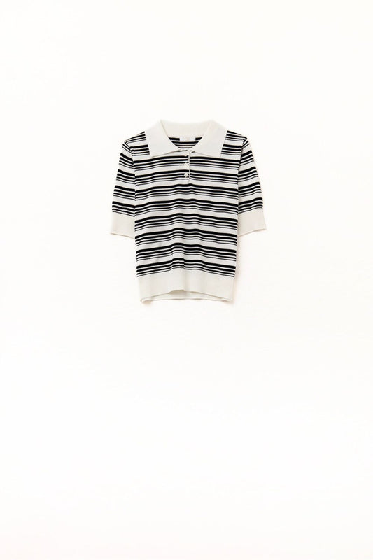 Q2 White and Black Striped Sweater With Polo Neck