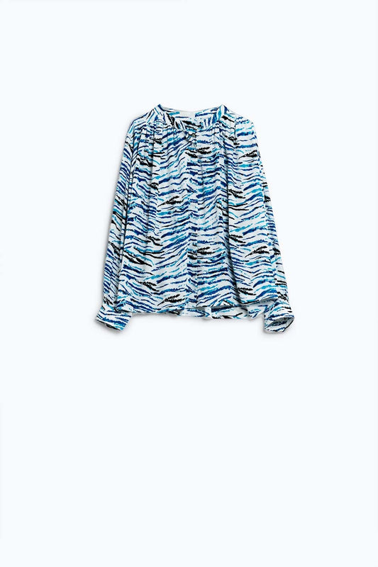 Q2 White Blouse With Blue Animal Print And Long Sleeves