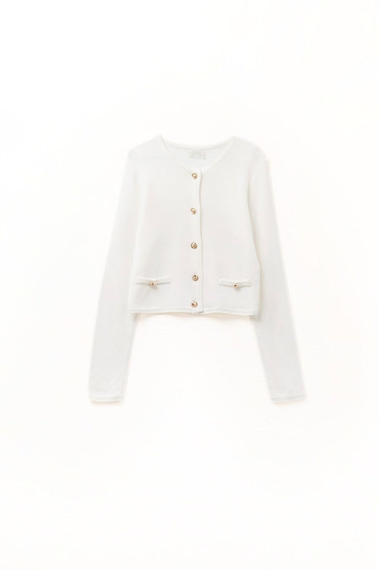 Q2 White Cardigan with Gold Buttons