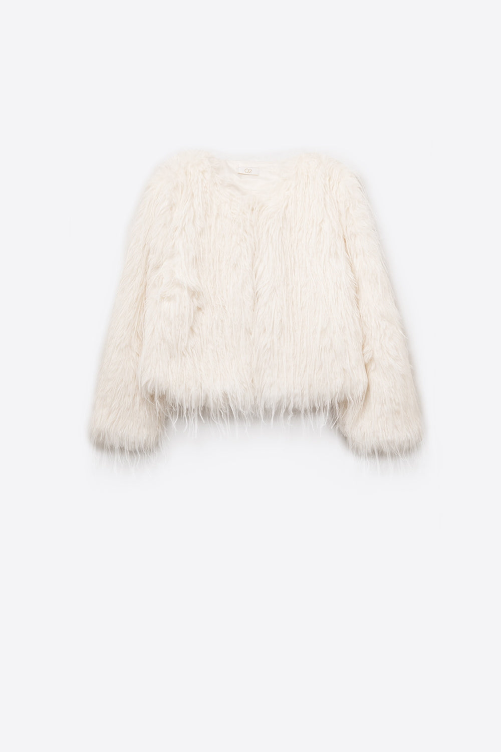 Q2 White Collarless Faux Fur Jacket