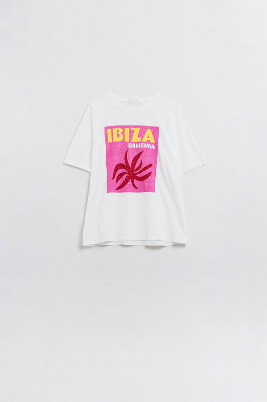 Q2 White Ibiza Bohemia Relaxed T-Shirt With Pink Print