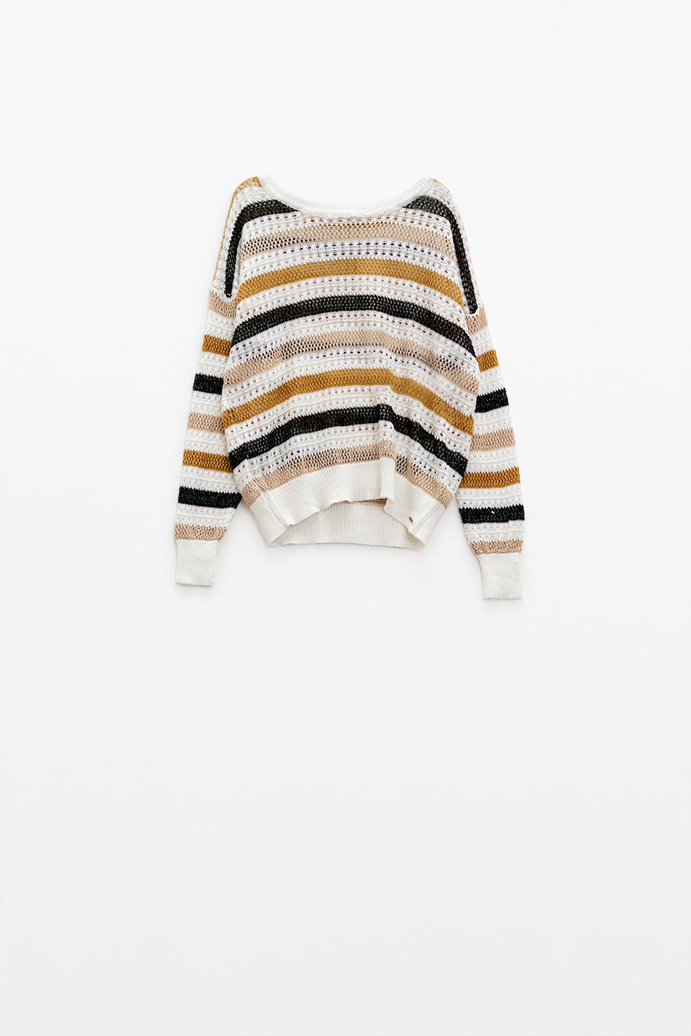 White knit sweater with multicolored stripes
