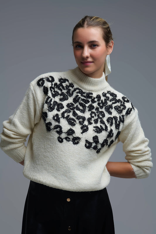 Q2 White Knitted Sweater with Abstract Design
