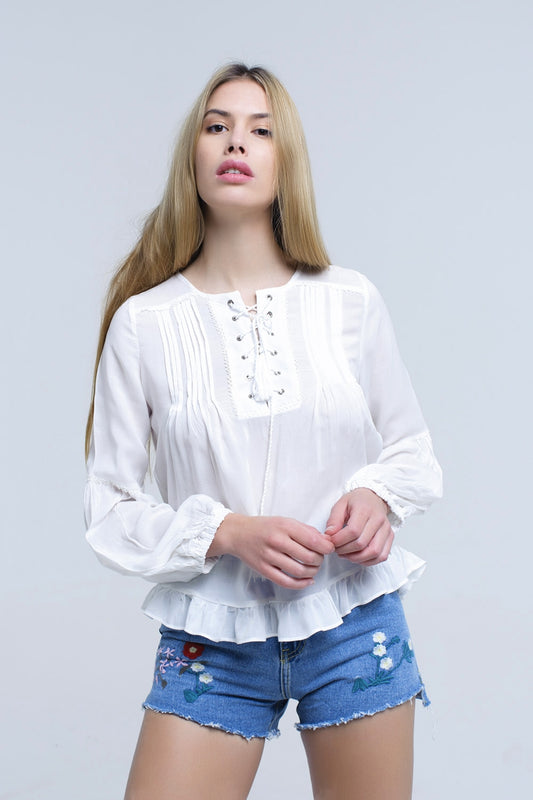 Q2 White lace up top with ruffle detail