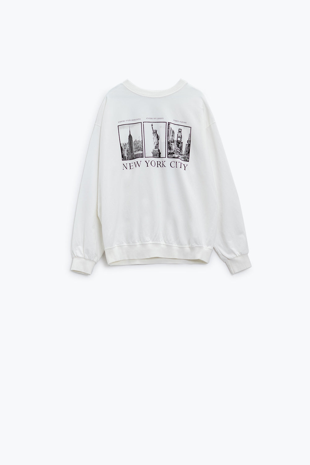 White long-sleeved round-neck sweatshirt with new york city printed
