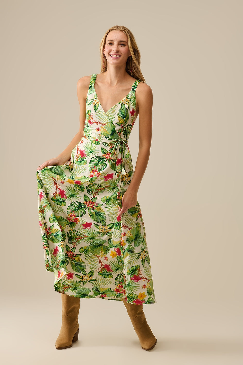 Q2 White Long Wrap Dress with Tropical Print