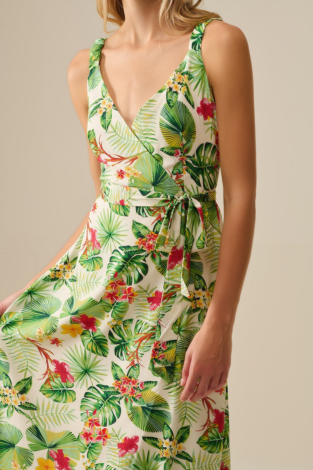 White Long Wrap Dress with Tropical Print
