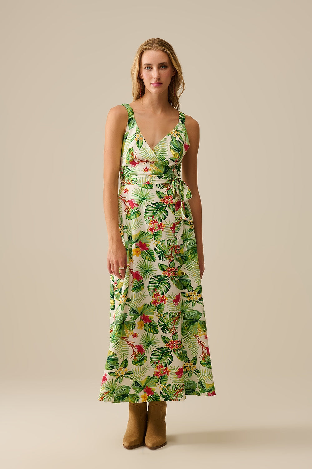 White Long Wrap Dress with Tropical Print