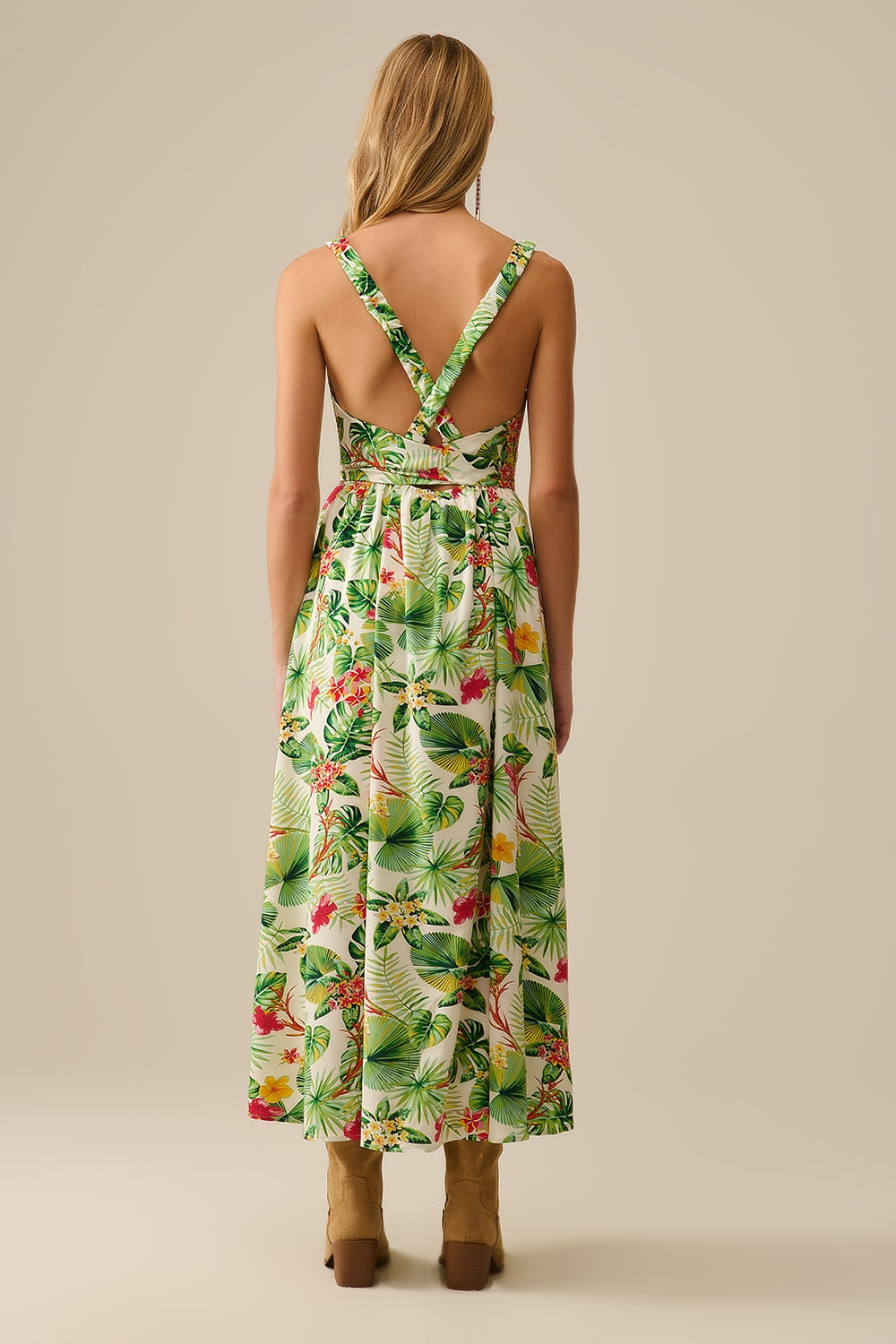 White Long Wrap Dress with Tropical Print