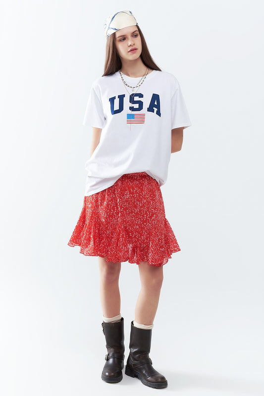 Q2 White loose long t-shirt with USA logo