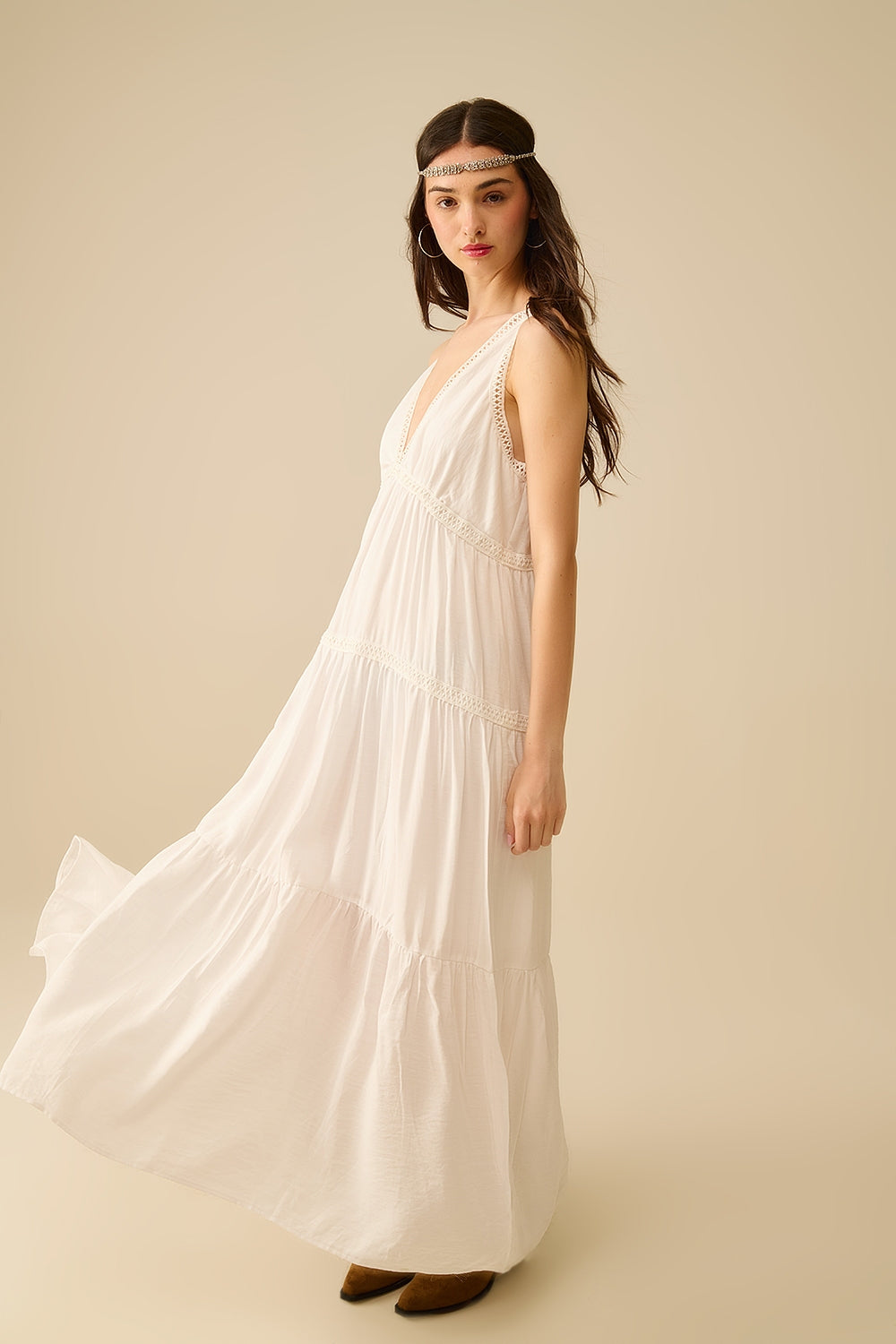 Q2 White Maxi Dress With Lace Details and boho style