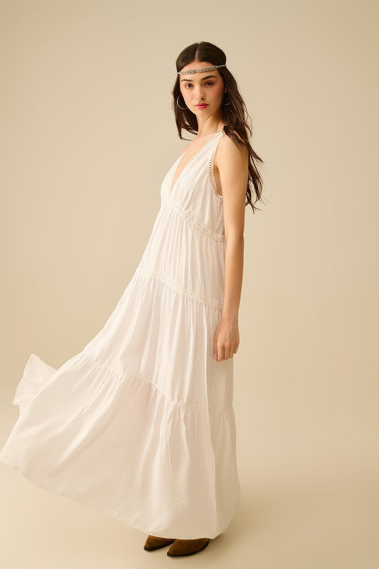 Q2 White Maxi Dress With Lace Details and boho style