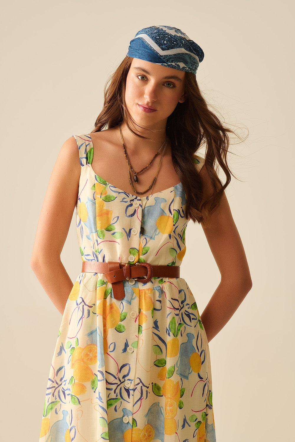 white maxi strapless dress with lemon print