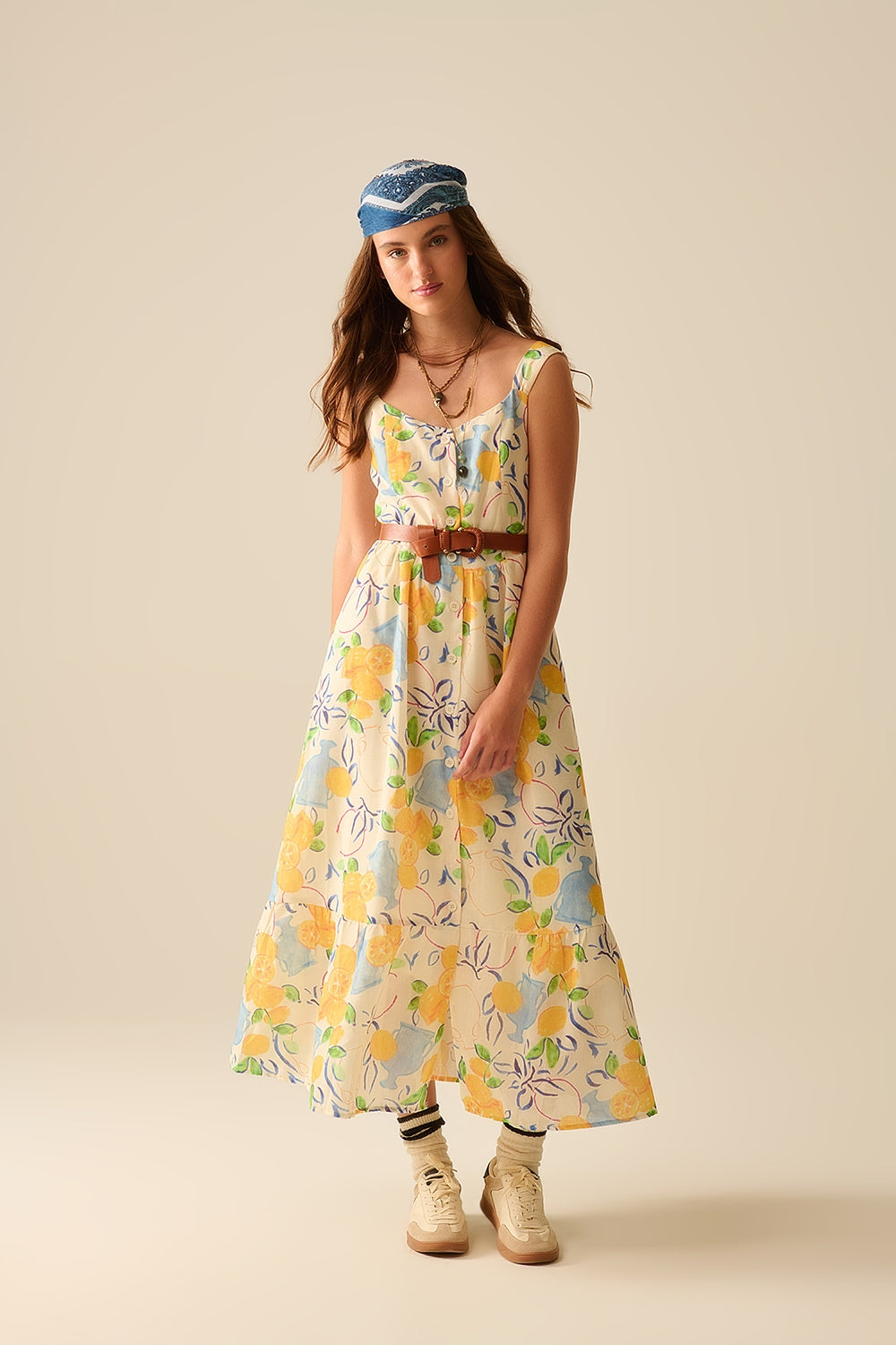 white maxi strapless dress with lemon print