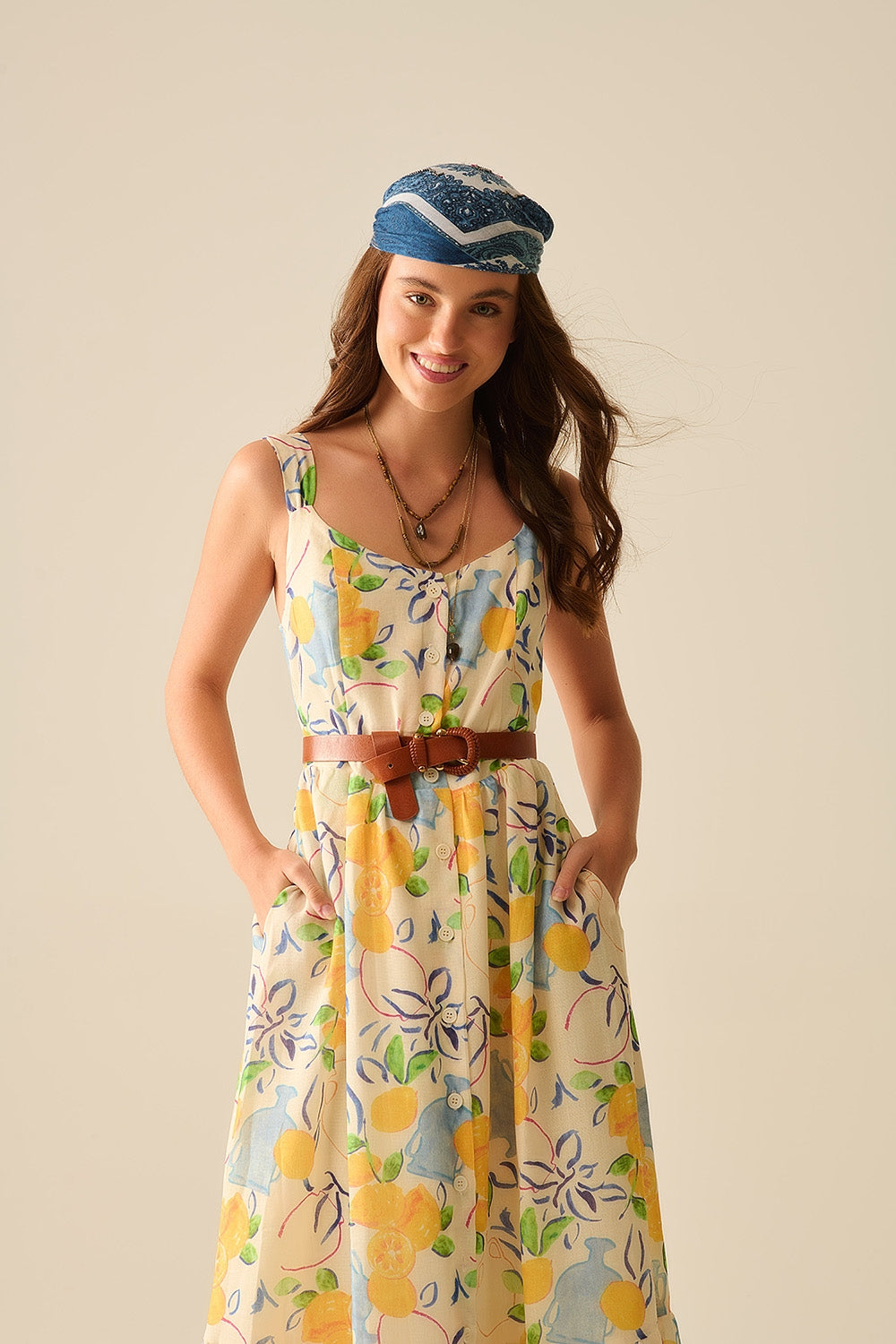 white maxi strapless dress with lemon print