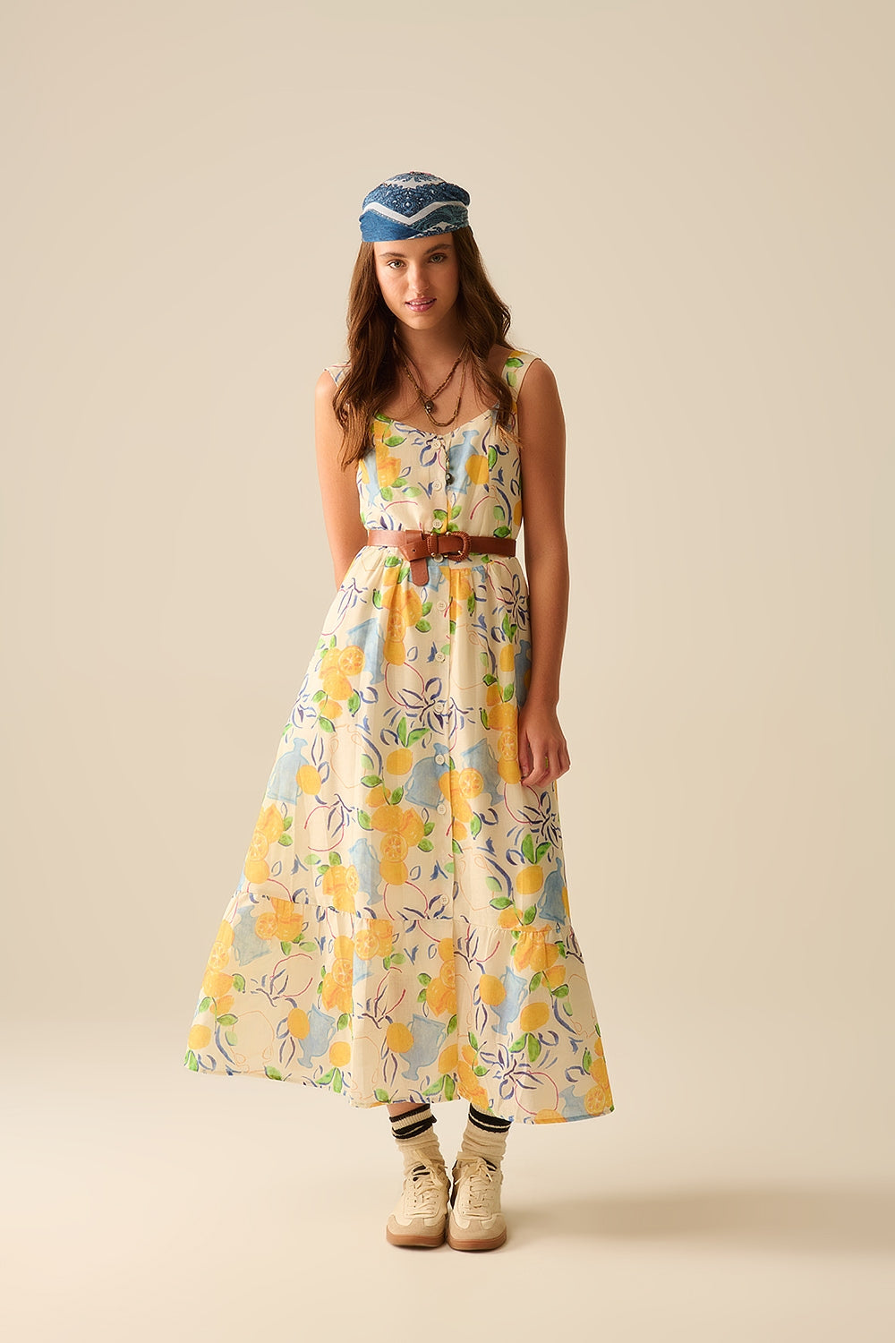 Q2 white maxi strapless dress with lemon print