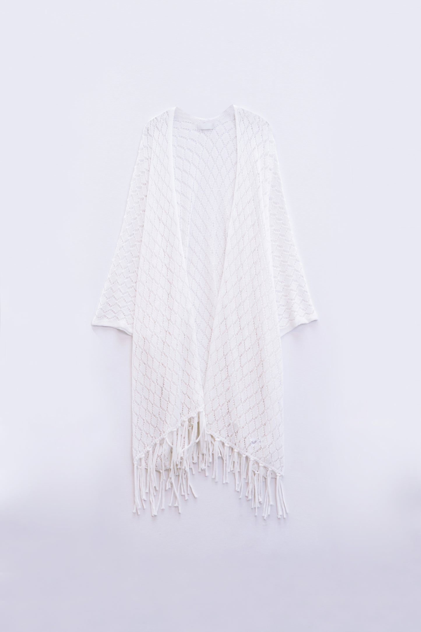 White Open Cardigan With Fringe Ends and 3/4 sleeves