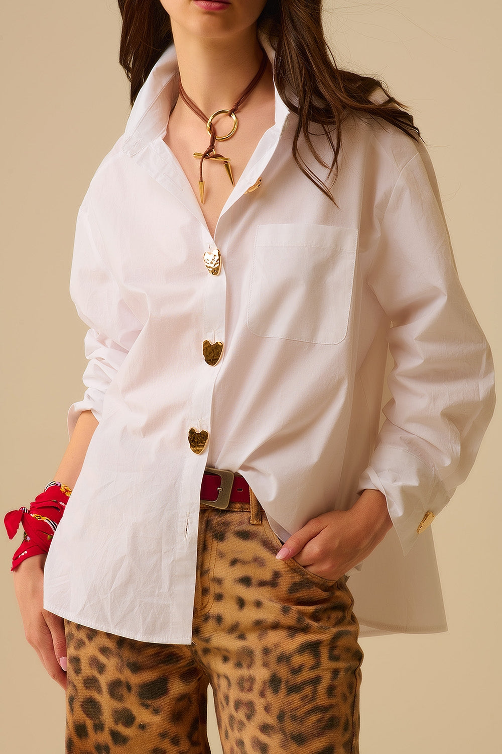 White Oversized Blouse with Gold Heart Buttons