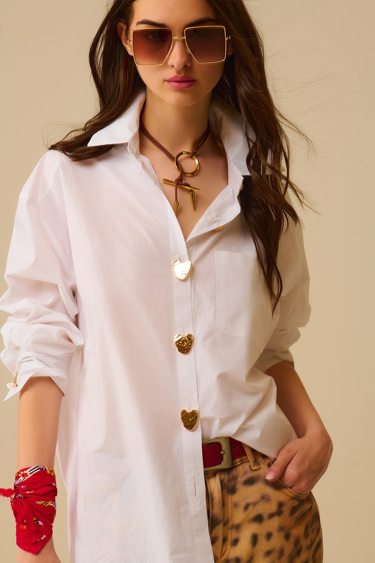 Q2 White Oversized Blouse with Gold Heart Buttons