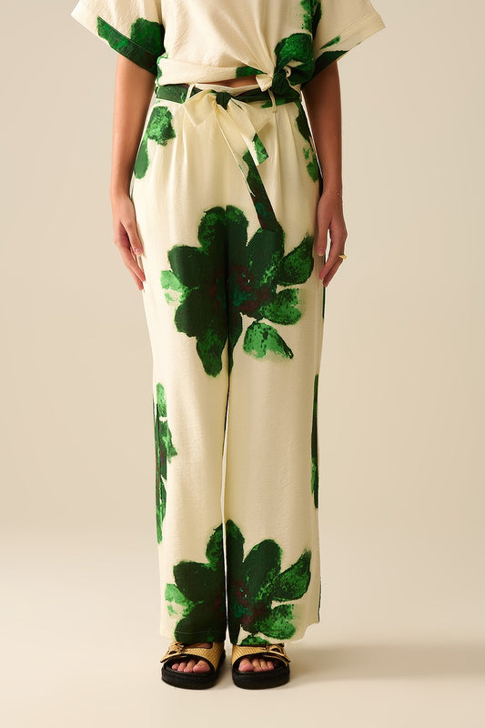 Q2 white Palazzo Pants With Green Tropial Flower Print and Matching Belt
