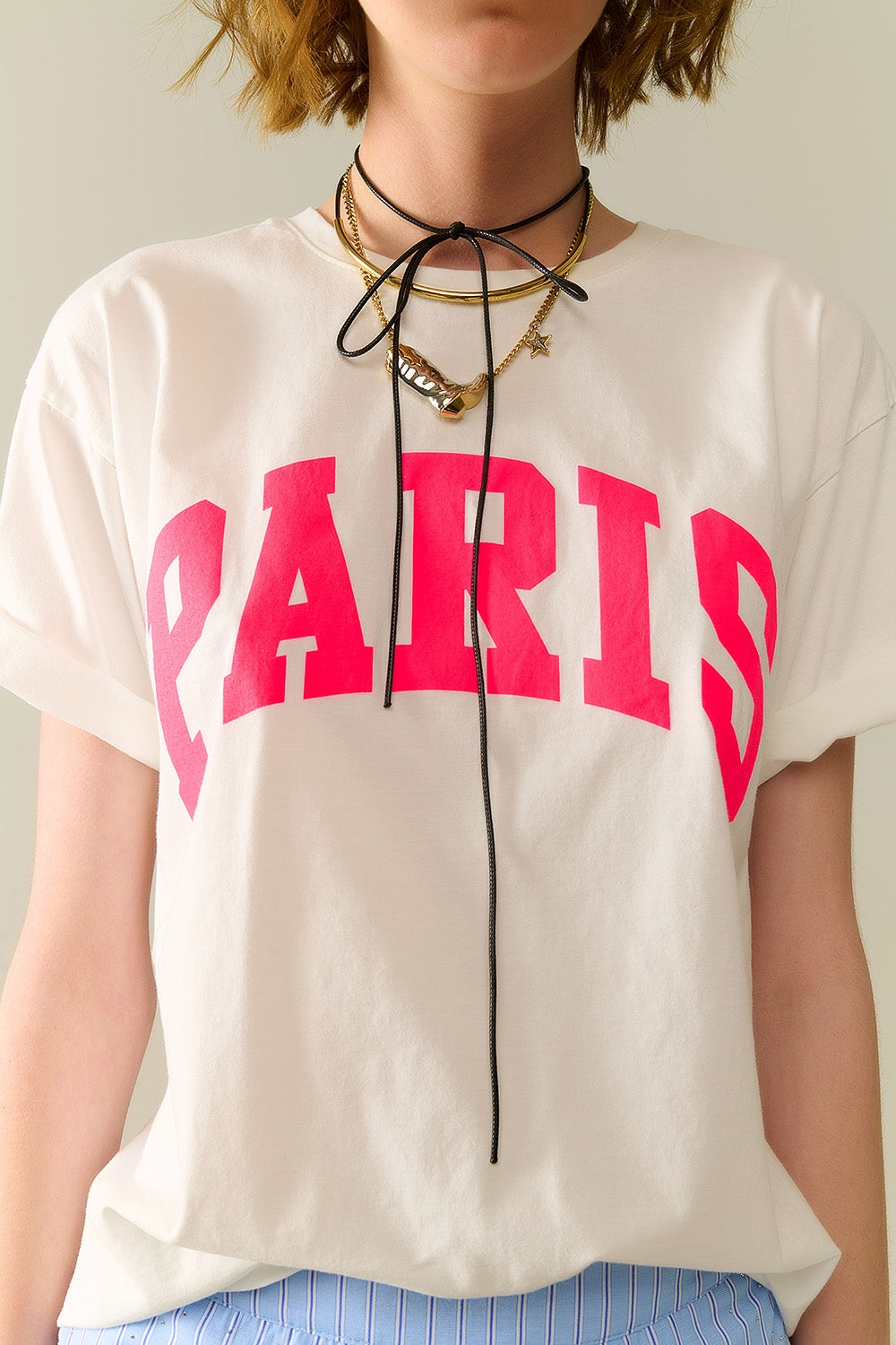 White Paris Relaxed T-shirt with Pink Letters