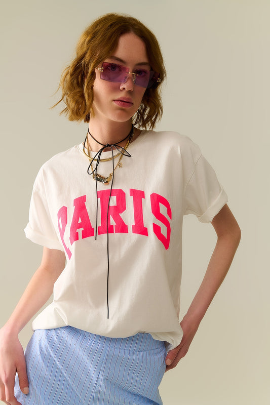Q2 White Paris Relaxed T-shirt with Pink Letters