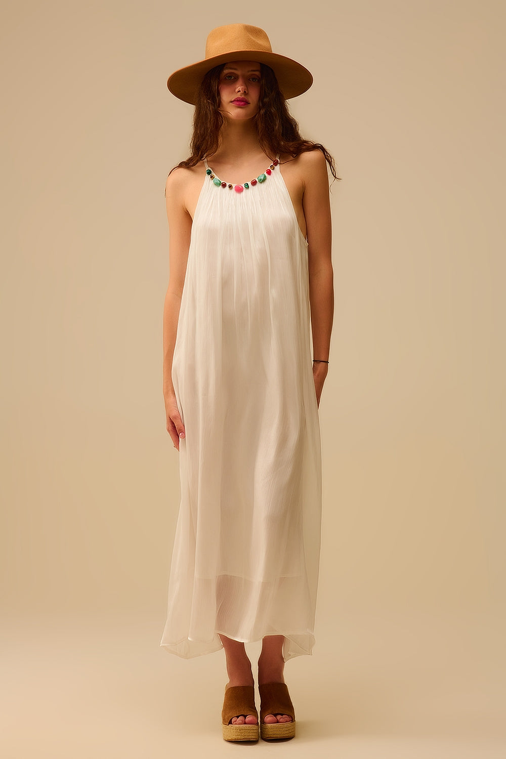 White Pleated Halter long Dress with Beaded Neckline