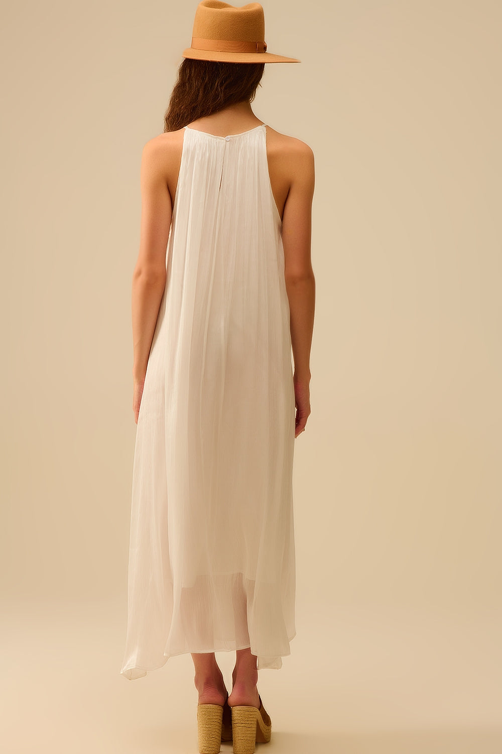 White Pleated Halter long Dress with Beaded Neckline