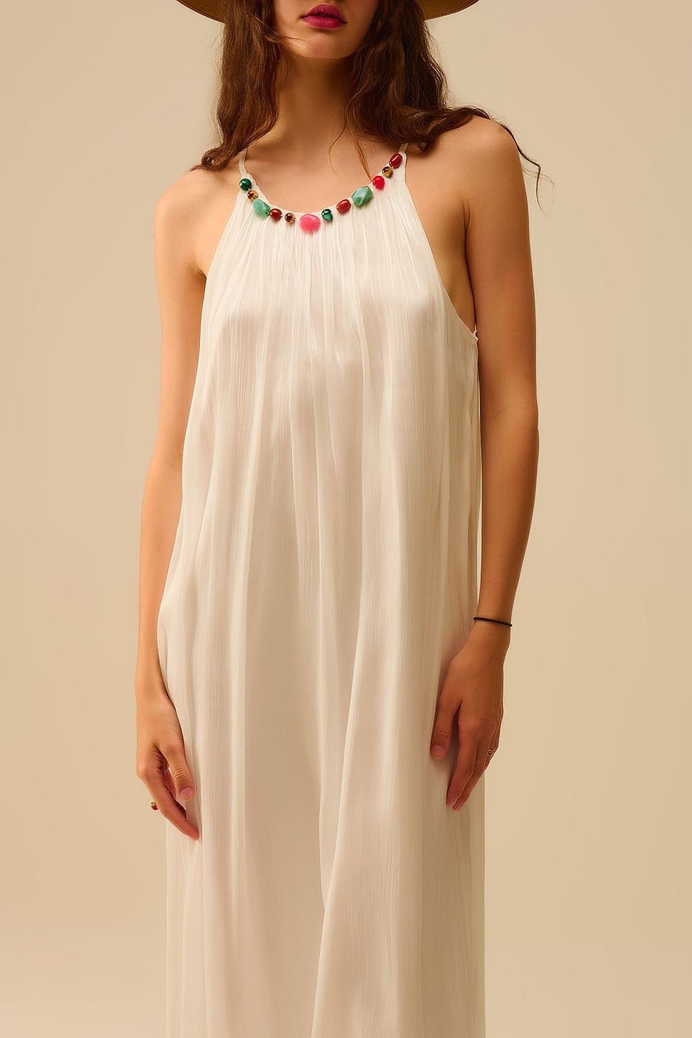 White Pleated Halter long Dress with Beaded Neckline